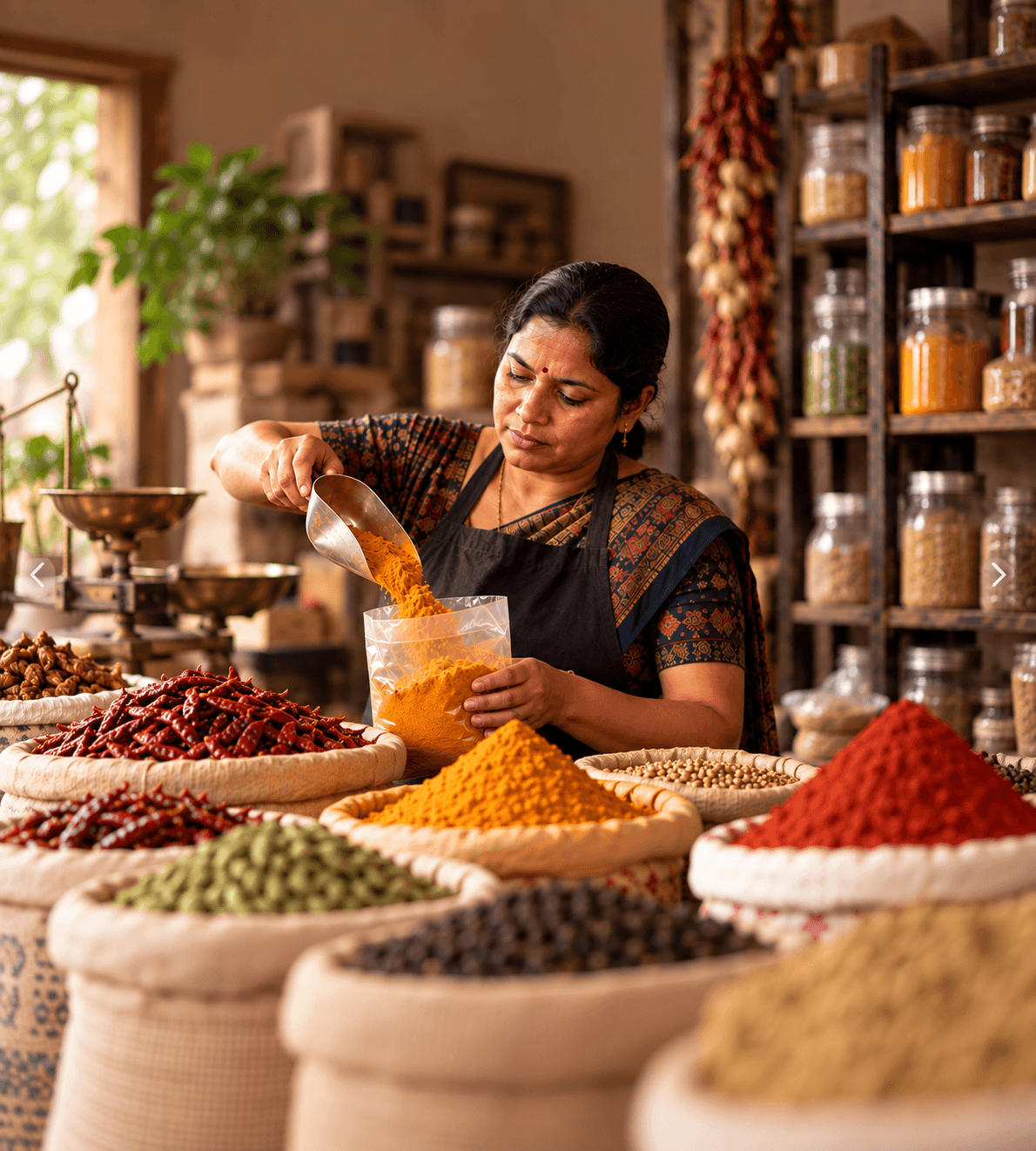 A spice seller scooping turmeric into a pouch in her shop, surrounded by sacks of spices