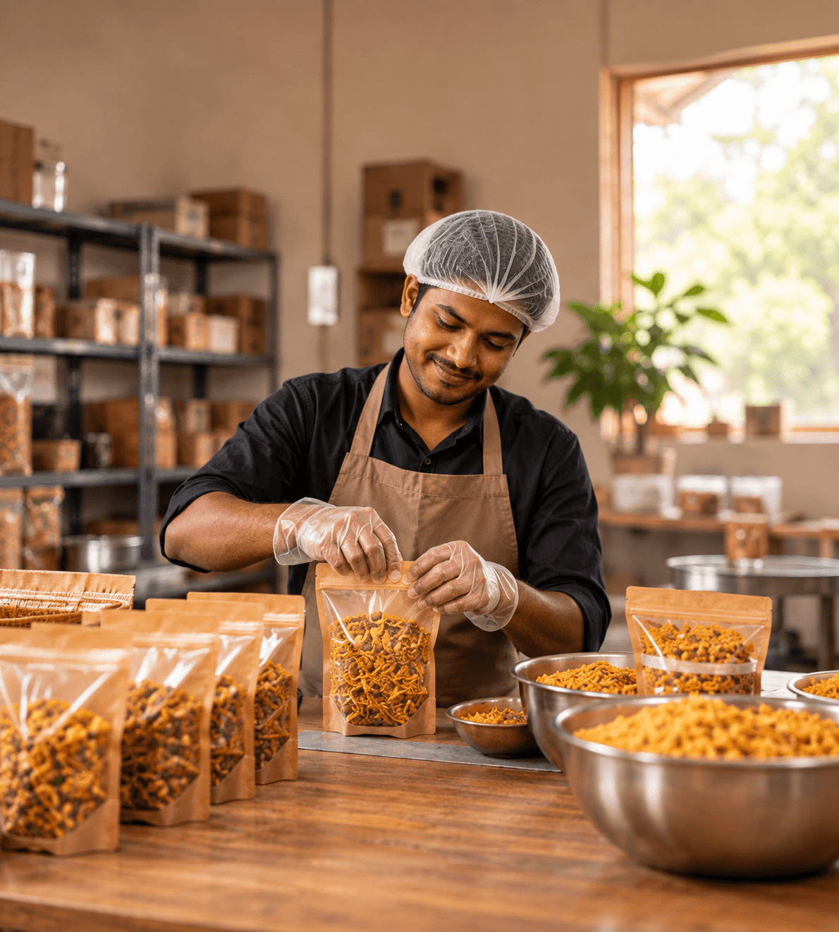 A food maker in gloves and a hairnet packing snacks into pouches
