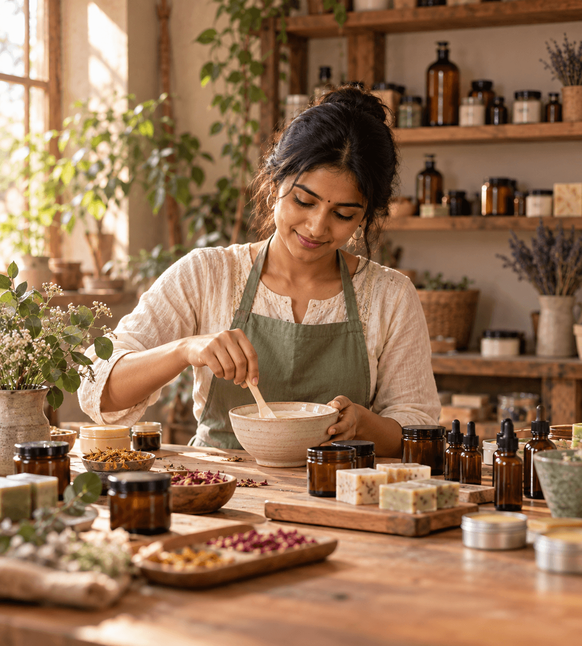 A skincare maker mixing a balm among jars and handmade soaps